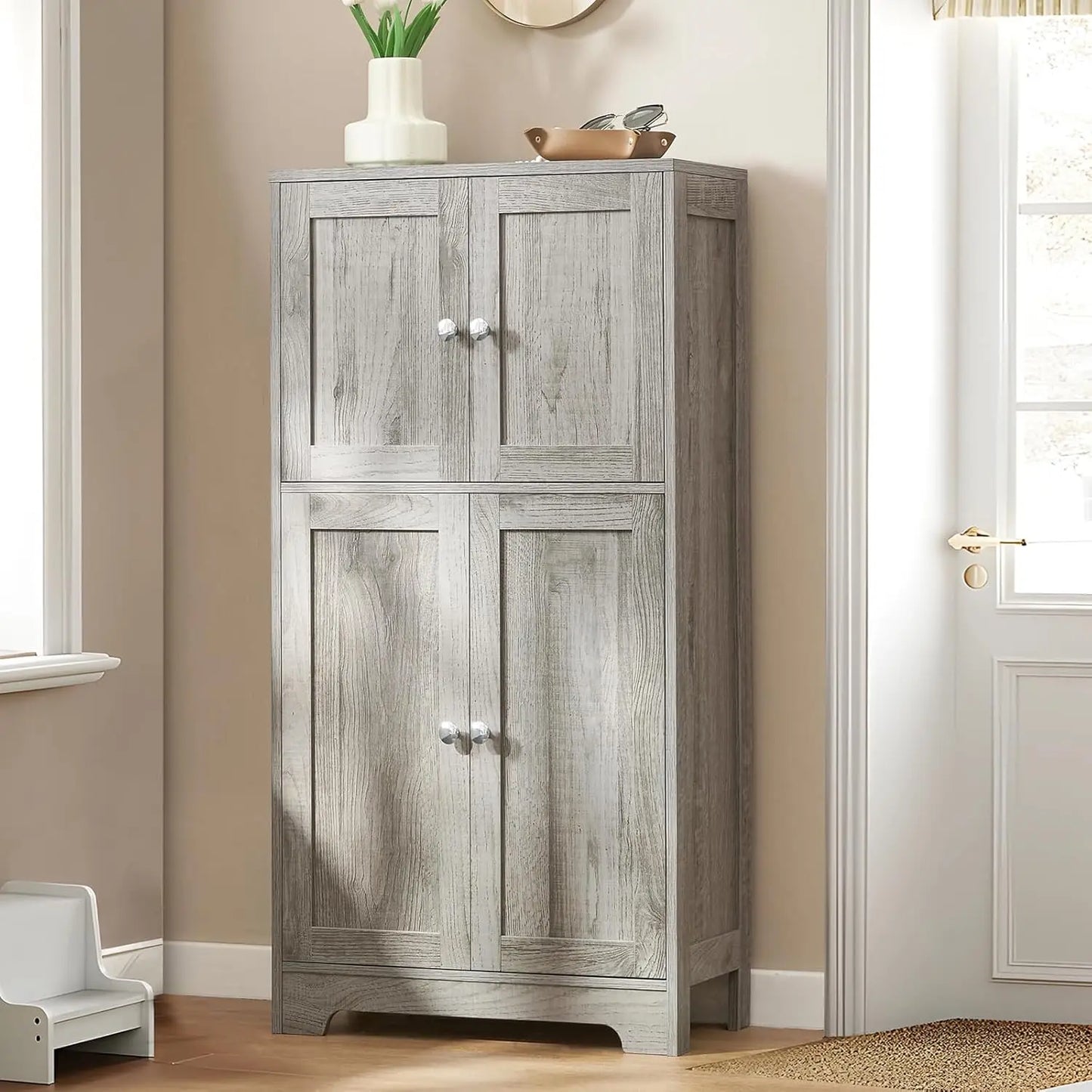 Storage Cabinet Bathroom Cabinet with 4 Doors 2 Adjustable Shelves 6 Adjustable Heights Cupboard for Living Room Entryway Home O