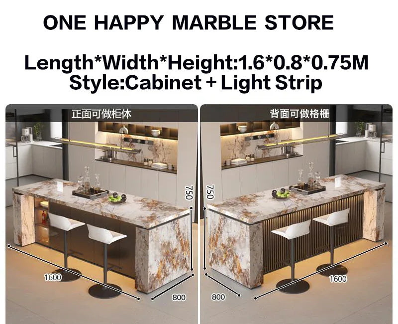 Luxury Marble Kitchen Island Dining Table, Custom Modern Bar Countertop, High-End Open Kitchen Design, Integrated Home Furniture