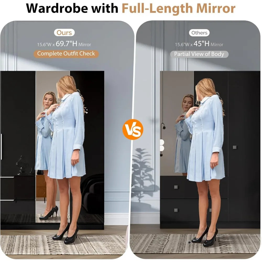 72.8" H Armoire with Mirror, 4 Door & 2 Drawers, Freestanding Wardrobe Closet for Bedroom, Wardrobes