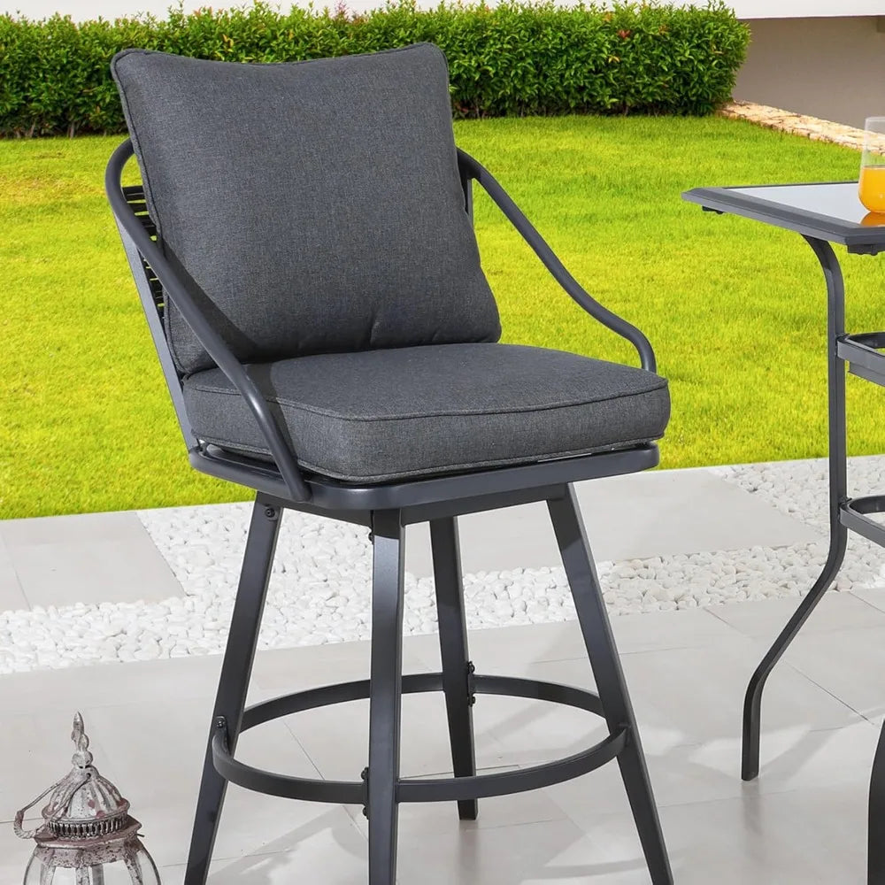 3Pcs Patio Bar Set Outdoor Black Glass Table with Metal Swivel Stools Grey Seat Cushion