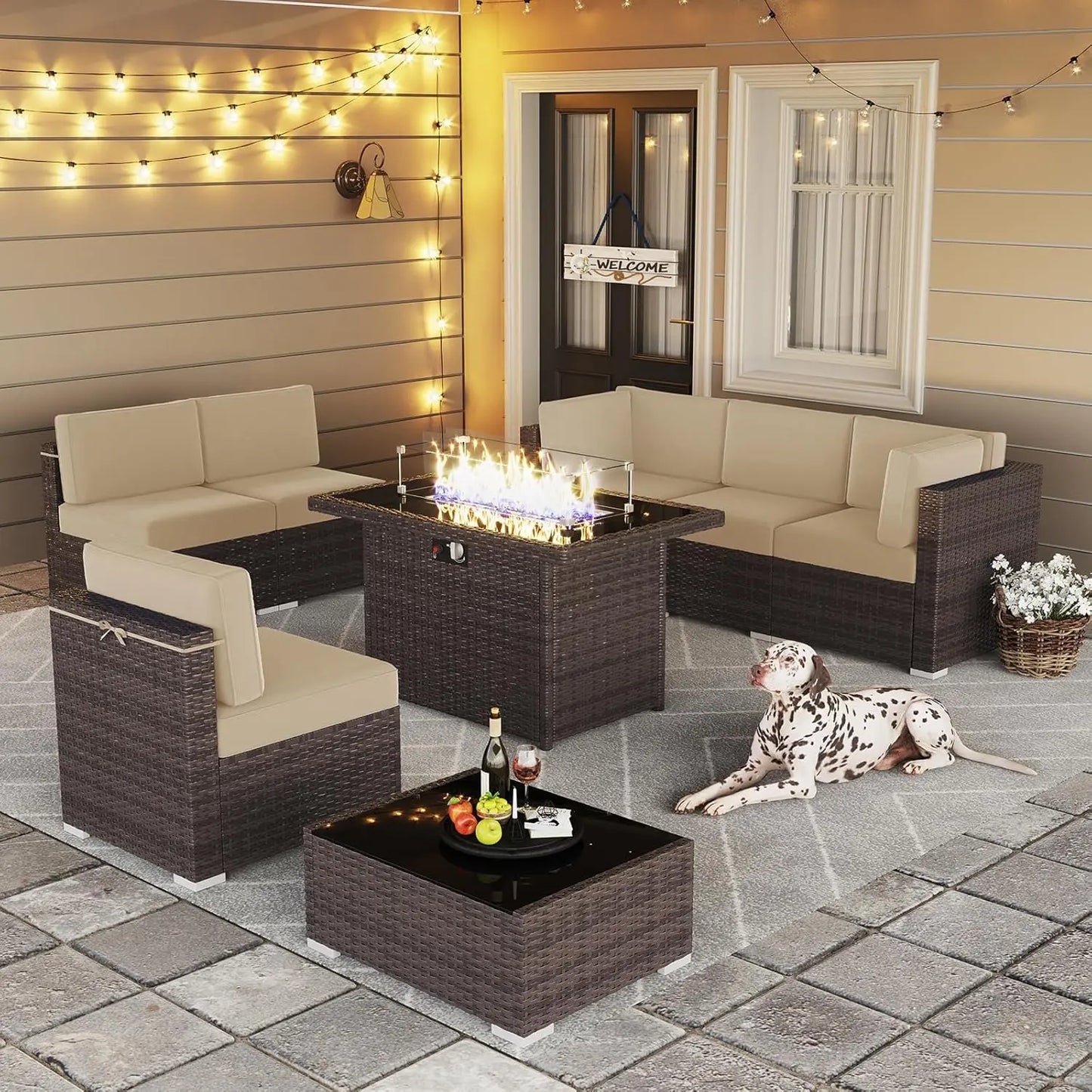 15 Piece Patio Furniture Set with Fire Pit Table, Outdoor Conversation Sets Wicker Rattan Sectional Sofa with Coffee Table