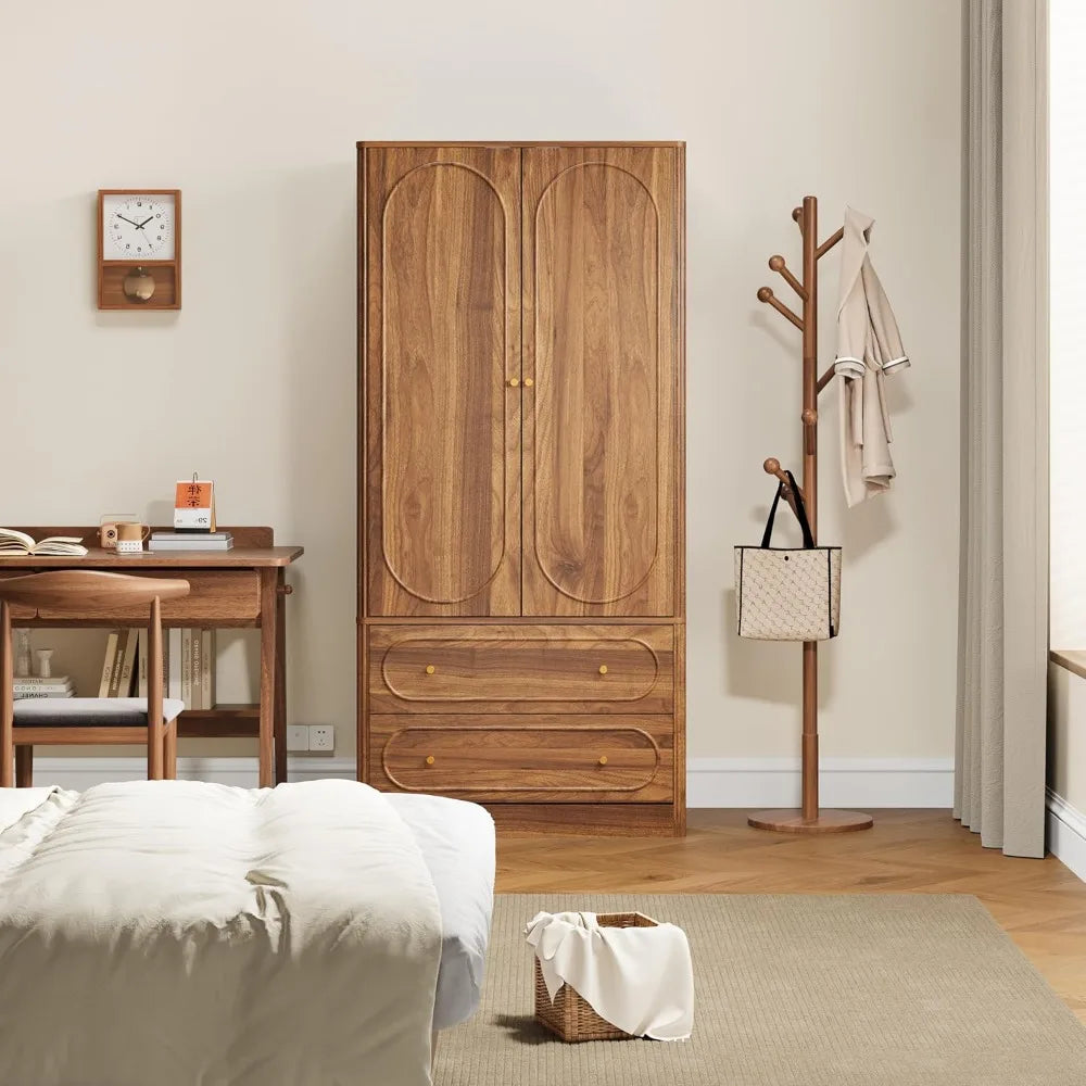 Fluted Freestanding Armoire Wardrobe Closet with 2 Doors and 2 Storage Drawers, Large Capacity Wardrobe Cabinet