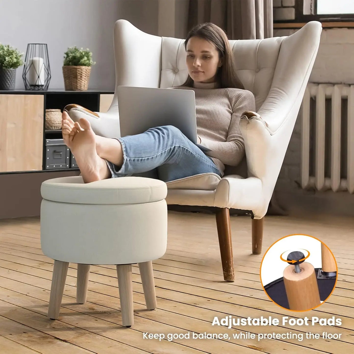 Storage Ottoman Foot Rest - Round Ottoman Coffee Table Top Cover, Wood Legs, Adjustable Foot Pads, Modern Padded Vanity Stool