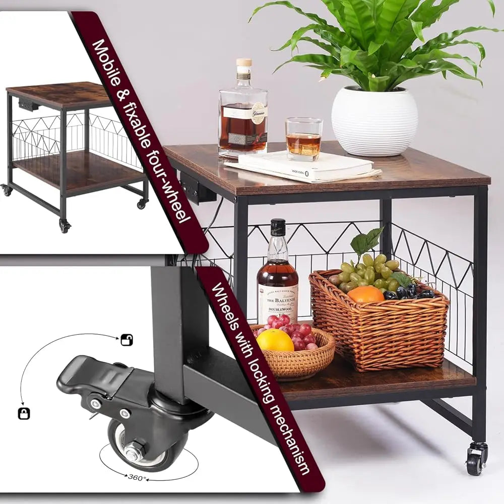 Kitchen Island Cart With Power Outlet, Mobile Coffee Bar & Microwave Stand With Space For Small Refrigerator For Dining Room,