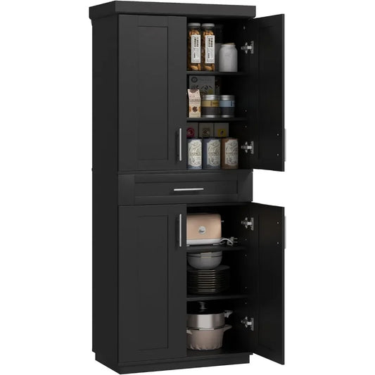 Kitchen Pantry Cabinet, Freestanding Tall Storage Cabinet with 4 Doors, Drawer and 3 Adjustable Shelves for Dining Room