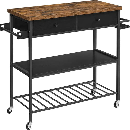 3-Tier Kitchen Island Cart with Microwave Stand, 2 Drawers, Towel Bar, Spice Holder, Rustic Brown, 17.7 x 46.9 x 35.8 Inches
