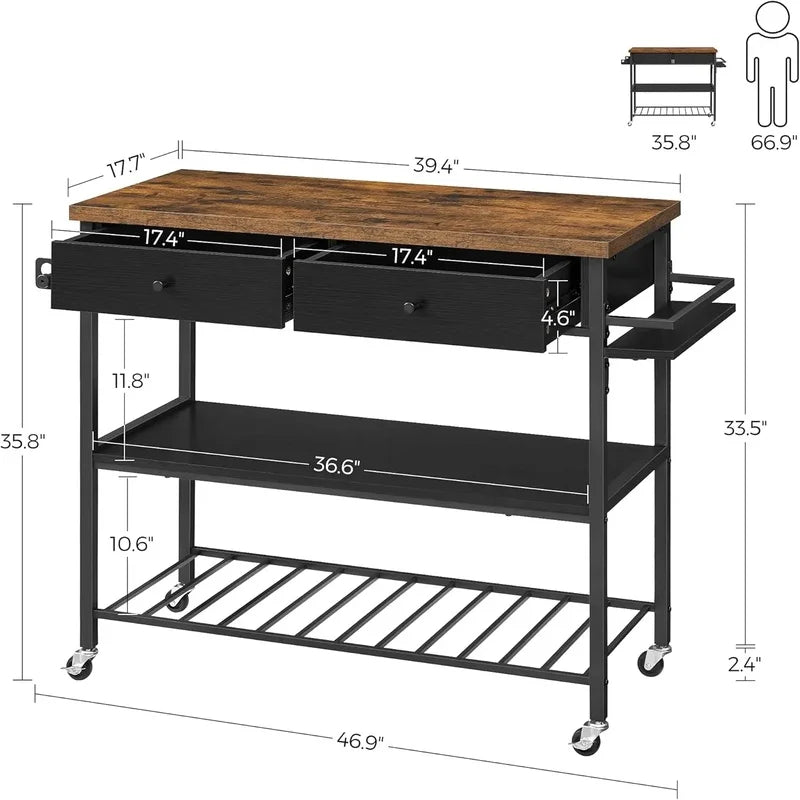 3-Tier Kitchen Island Cart with Microwave Stand, 2 Drawers, Towel Bar, Spice Holder, Rustic Brown, 17.7 x 46.9 x 35.8 Inches