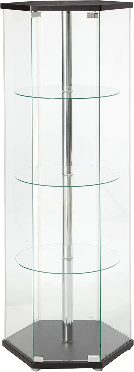Coaster Hexagon Curio Cabinet: 3 Round Shelves, Glass, 24"D x 24"W x 63.5"H, Black, Traditional Design