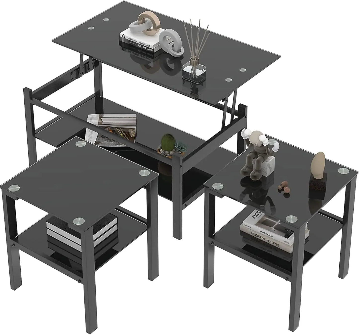 All Black Glass Coffee Table Set of 3 Piece, Living Room  Set of 3 Pcs, Black Glass Coffee  and End  Sets