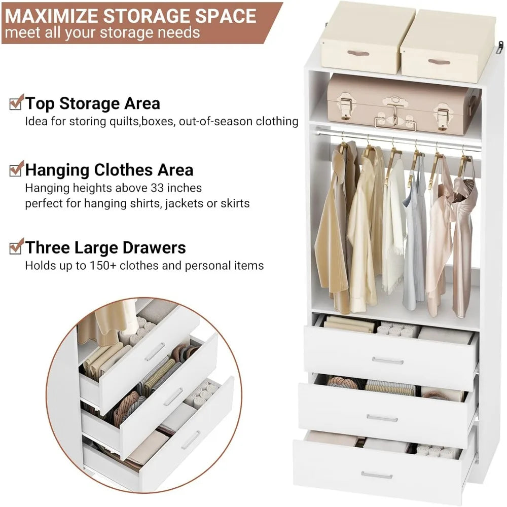 Freestanding 2FT Closet System with 3 Wood Drawers, 24" Closet Organizer System with Hanging Rod & Shelves, Walk-in Closet Syste