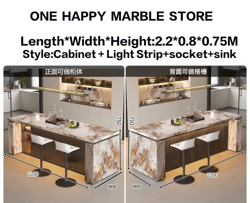 Luxury Marble Kitchen Island Dining Table, Custom Modern Bar Countertop, High-End Open Kitchen Design, Integrated Home Furniture