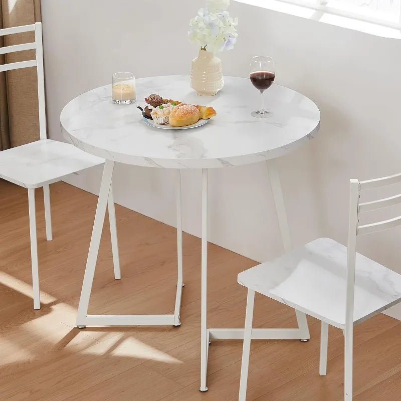 Round Dining Room Table with Wood Grain Tabletop and Steel Frame, for Kitchen, Living Room, Office, Conference,