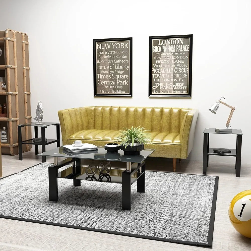 All Black Glass Coffee Table Set of 3 Piece, Living Room  Set of 3 Pcs, Black Glass Coffee  and End  Sets