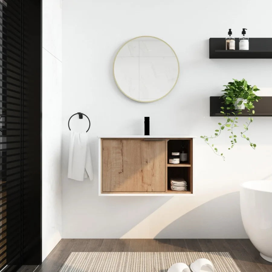 30'' Floating WallMounted Bathroom Vanity with Ceramics Sink SoftClose Cabinet Door