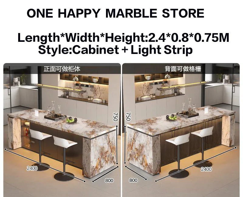 Luxury Marble Kitchen Island Dining Table, Custom Modern Bar Countertop, High-End Open Kitchen Design, Integrated Home Furniture