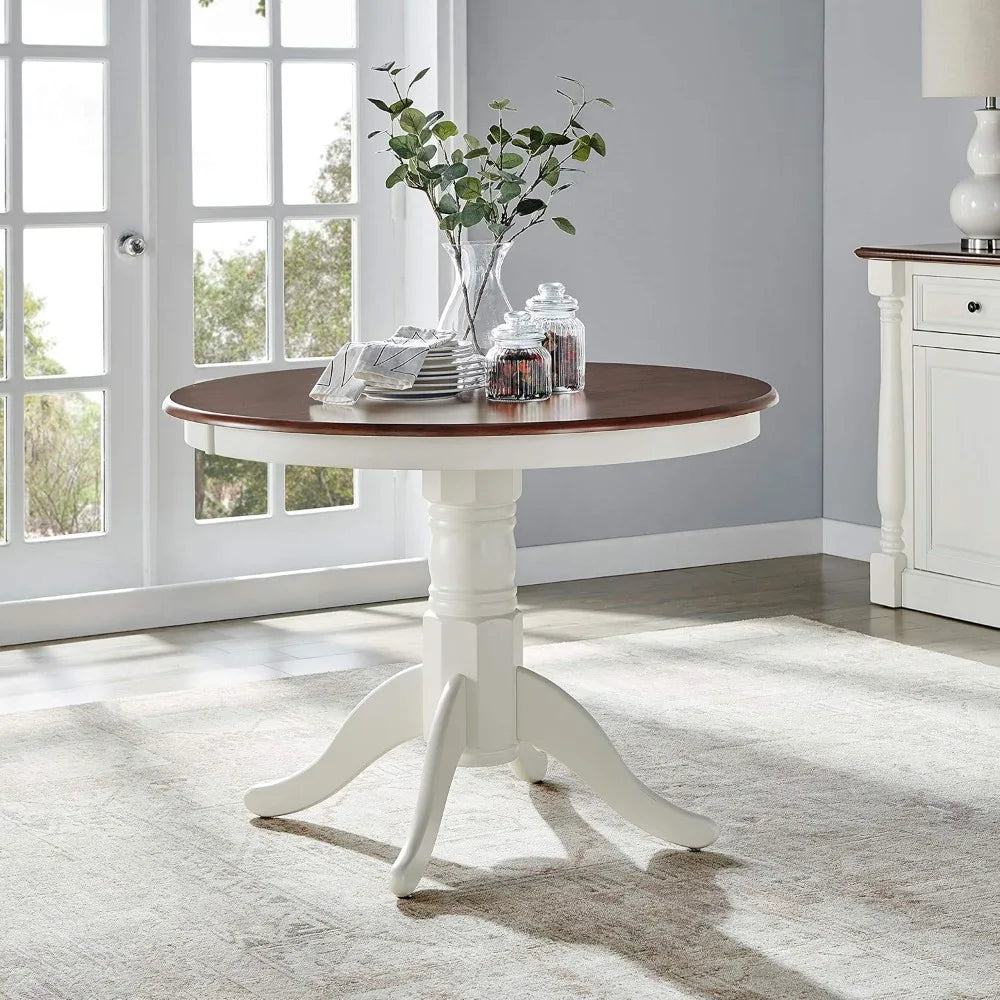 Shelby Traditional Round Wood Dining Room Table, Distressed White