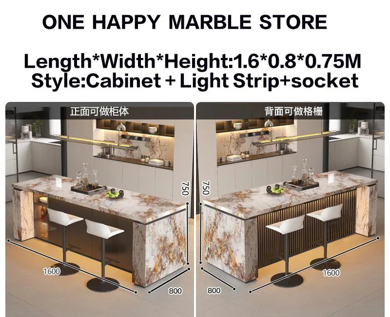 Luxury Marble Kitchen Island Dining Table, Custom Modern Bar Countertop, High-End Open Kitchen Design, Integrated Home Furniture