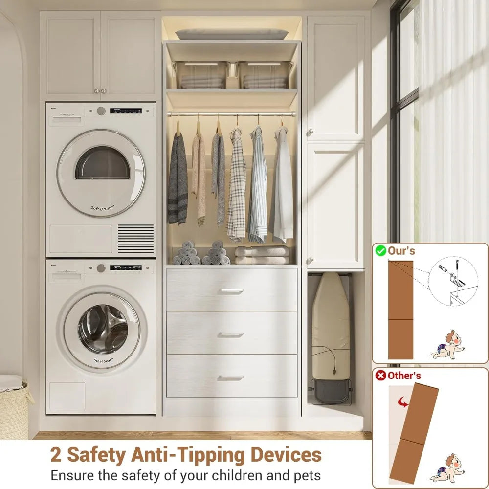 Freestanding 2FT Closet System with 3 Wood Drawers, 24" Closet Organizer System with Hanging Rod & Shelves, Walk-in Closet Syste