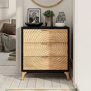 Farmhouse 3 Drawer Dresser with Handcrafted Wood Ring Motif, White Nightstand for Bedroom, Rustic & Natural, Fully Assembled, Bo