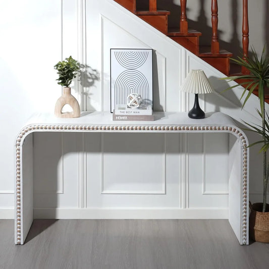 59" Modern White Table with Wood Beads, Rustic Wooden Entryway Table with Curved Waterfall-Style, Farmhouse Sofa Table Behind Co