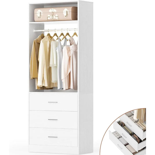 Freestanding 2FT Closet System with 3 Wood Drawers, 24" Closet Organizer System with Hanging Rod & Shelves, Walk-in Closet Syste
