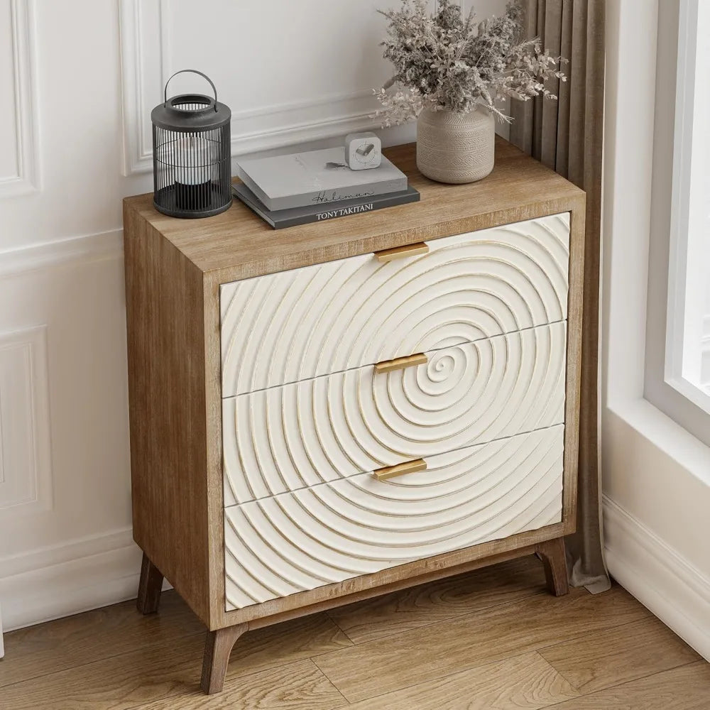 Farmhouse 3 Drawer Dresser with Handcrafted Wood Ring Motif, White Nightstand for Bedroom, Rustic & Natural, Fully Assembled, Bo