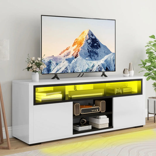 High Gloss TV Stand with Ambient Lights, Modern TV Stand with Open Shelf Storage Cabinet for 62 inch TV, White