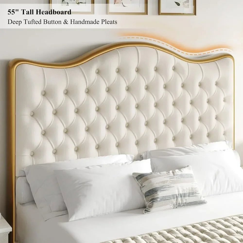 Queen/King Size Platform Bed Frame with 55" Tall Curved Headboard, Modern Velvet Upholstered Bed Frame with Deep Tufted Button