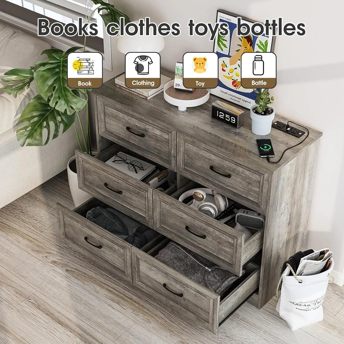 Dresser for Bedroom, 6 Drawer Wide Dresser Organizer with Charging Station, Dresser for Hallway, Wood Dresser with Metal Handles