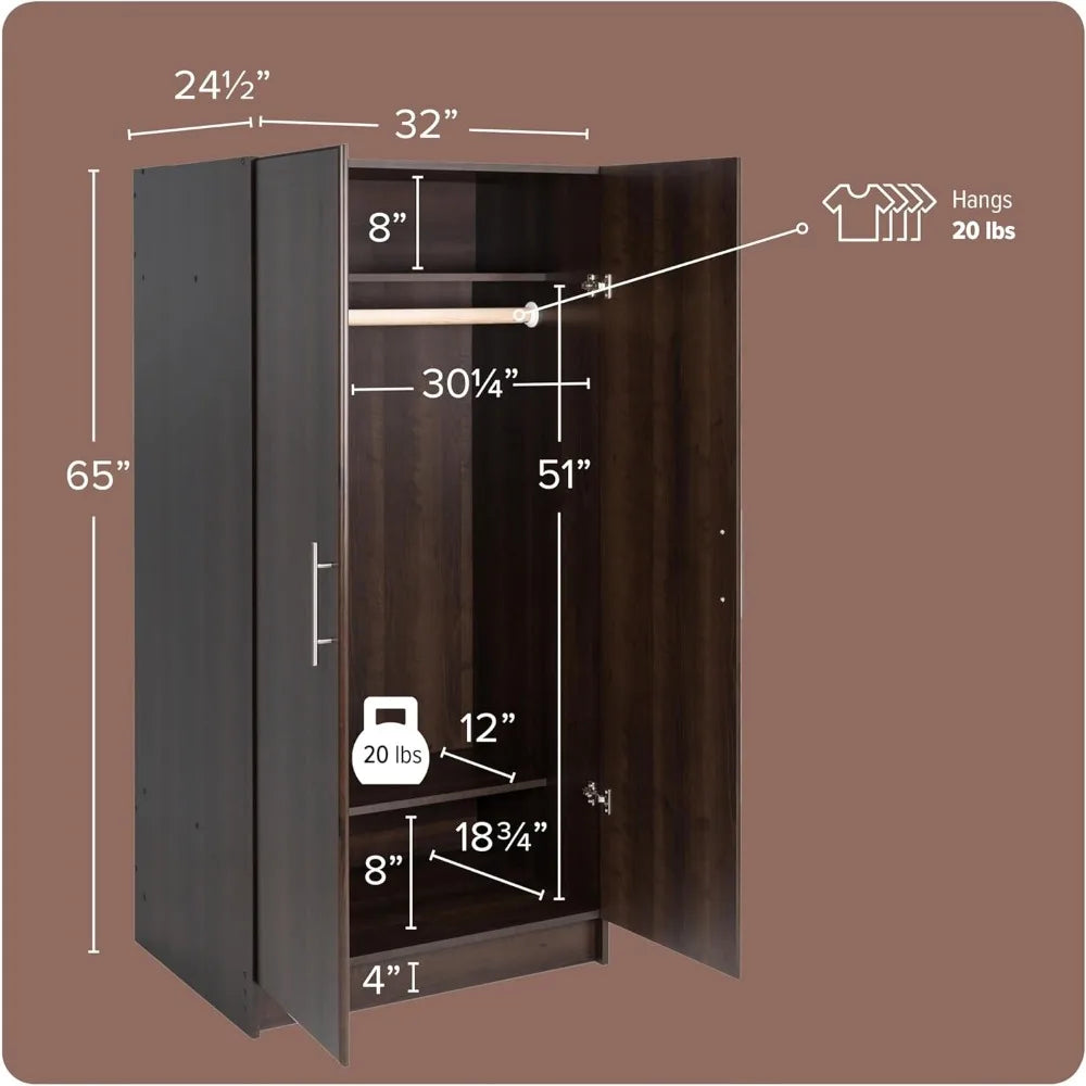 Elite 32" Storage Cabinet Closet, Brown Storage Cabinet, Linen Cabinet, Wardrobe Cabinet with Hanging Rail and Shelves 24.5" D