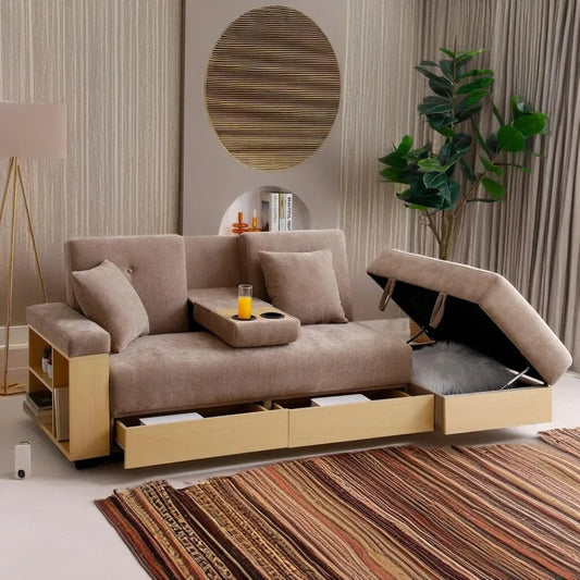 Sofa 84.65" Convertible Sofa Bed with Storage Ottoman, Adjustable Armrest & Coffee Table - Perfect for Small Apartments, 2 Drawe