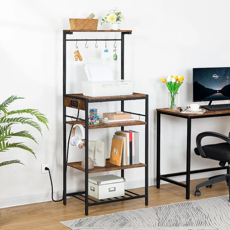 Kitchen Bakers Rack with Power Outlet, 5-Tier Coffee Bar with Adjustable Wine Rack, Microwave Stand with 10 S-Shaped Hooks,
