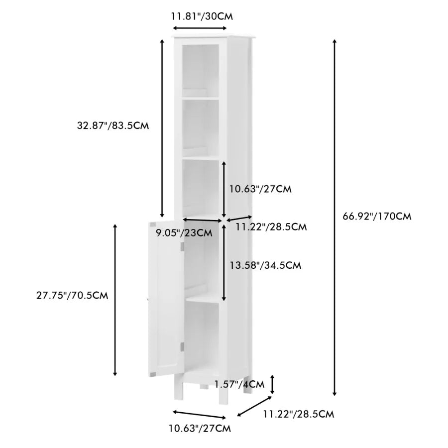 66.92 Tall Bathroom Storage Cabinet with Adjustable Shelves Slim 1 Doors Freestanding Cabinet with AntiTip Open compartments fo