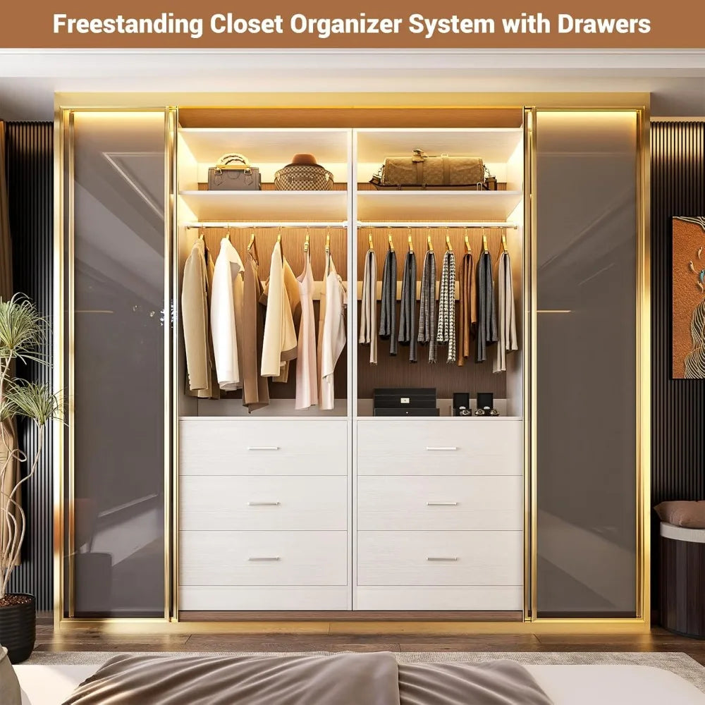 Freestanding 2FT Closet System with 3 Wood Drawers, 24" Closet Organizer System with Hanging Rod & Shelves, Walk-in Closet Syste
