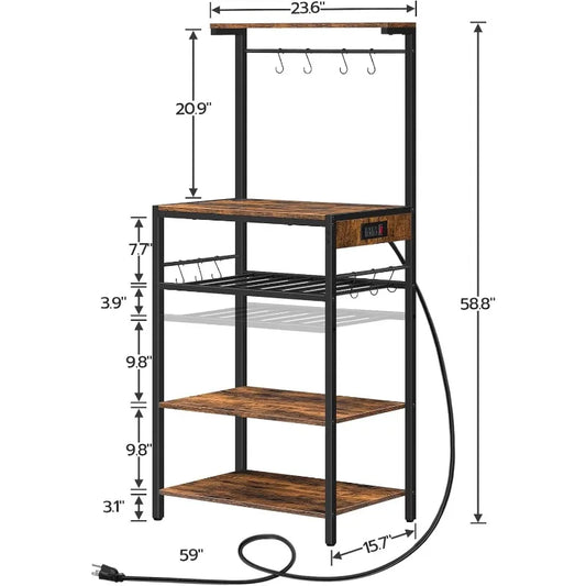 Kitchen Bakers Rack with Power Outlet, 5-Tier Coffee Bar with Adjustable Wine Rack, Microwave Stand with 10 S-Shaped Hooks,