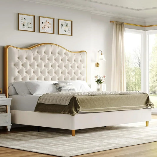 Queen/King Size Platform Bed Frame with 55" Tall Curved Headboard, Modern Velvet Upholstered Bed Frame with Deep Tufted Button