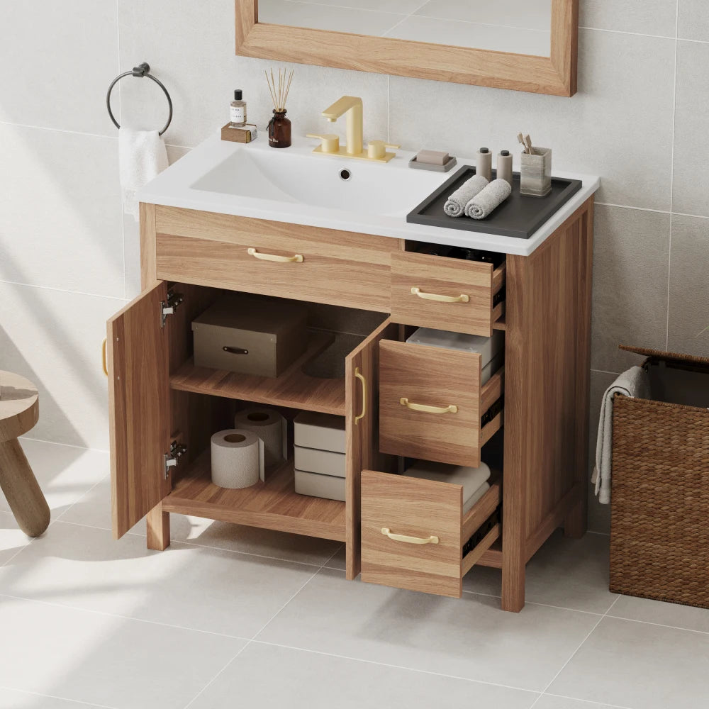 36" Wood Bathroom Vanity with Solid Wood Frame, 2 Soft Close Doors, 3 Soft Close Drawers, Adjustable Shelf, Modern Storage