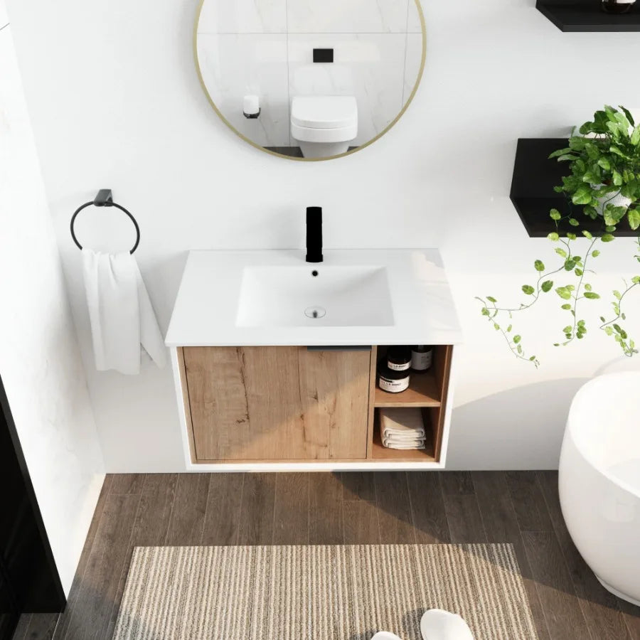 30'' Floating WallMounted Bathroom Vanity with Ceramics Sink SoftClose Cabinet Door