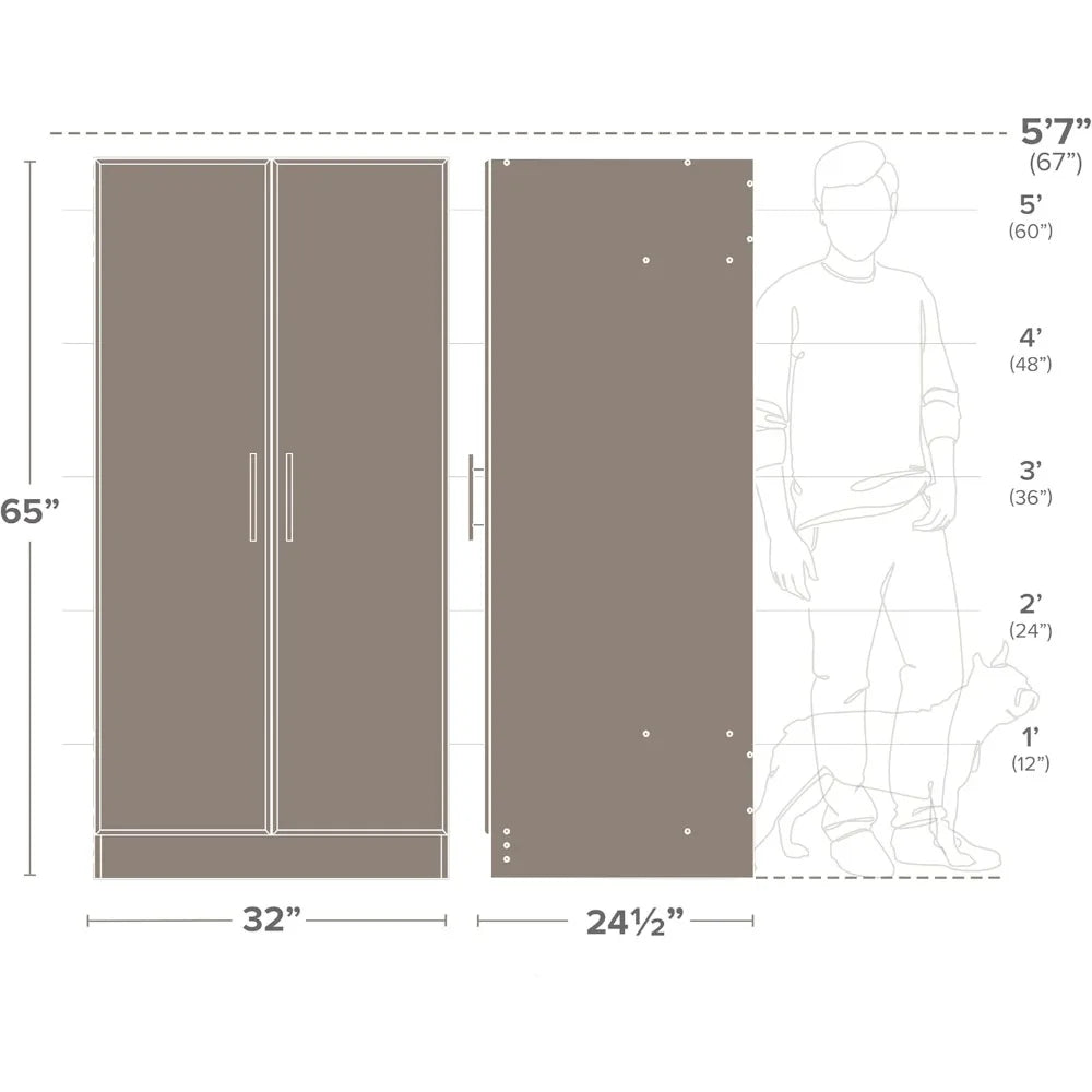 Elite 32" Storage Cabinet Closet, Brown Storage Cabinet, Linen Cabinet, Wardrobe Cabinet with Hanging Rail and Shelves 24.5" D