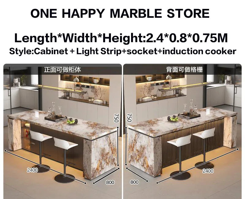Luxury Marble Kitchen Island Dining Table, Custom Modern Bar Countertop, High-End Open Kitchen Design, Integrated Home Furniture