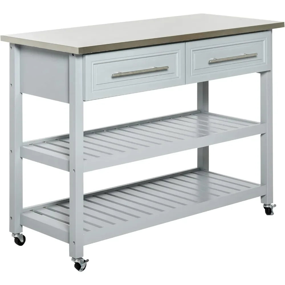 Kitchen Island with Stainless Steel Top, Traditional Kitchen Island with Storage, 2-Tier Open Shelves, Drawers, Light Gray