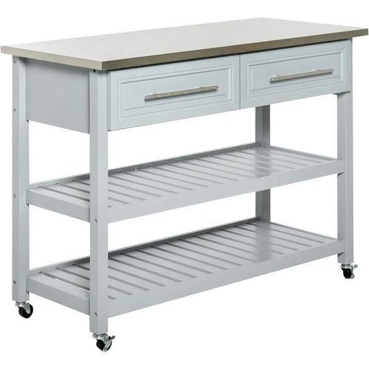 Kitchen Island with Stainless Steel Top, Traditional Kitchen Island with Storage, 2-Tier Open Shelves, Drawers, Light Gray