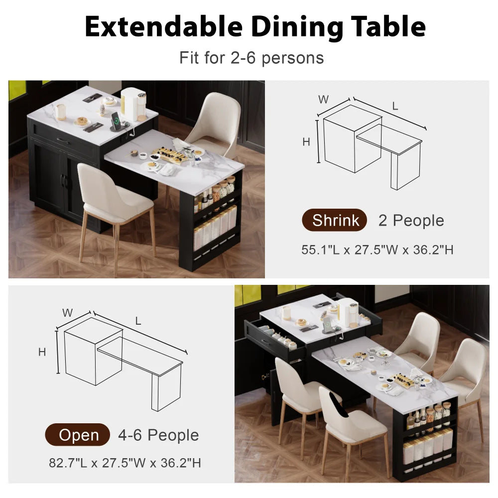 82.7 inch Kitchen Island with Extendable Dining Table for 4-6 Person,Faux Mable Kitchen Table with Double-sized Storage,Power