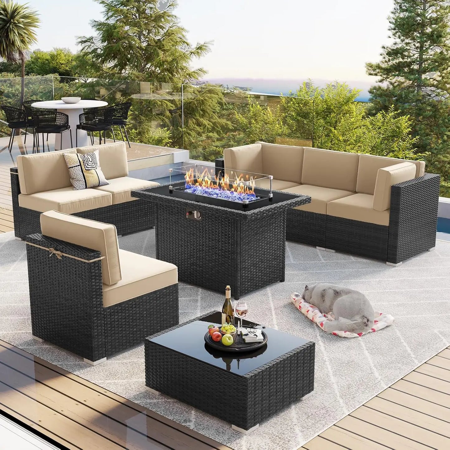 15 Piece Patio Furniture Set with Fire Pit Table, Outdoor Conversation Sets Wicker Rattan Sectional Sofa with Coffee Table