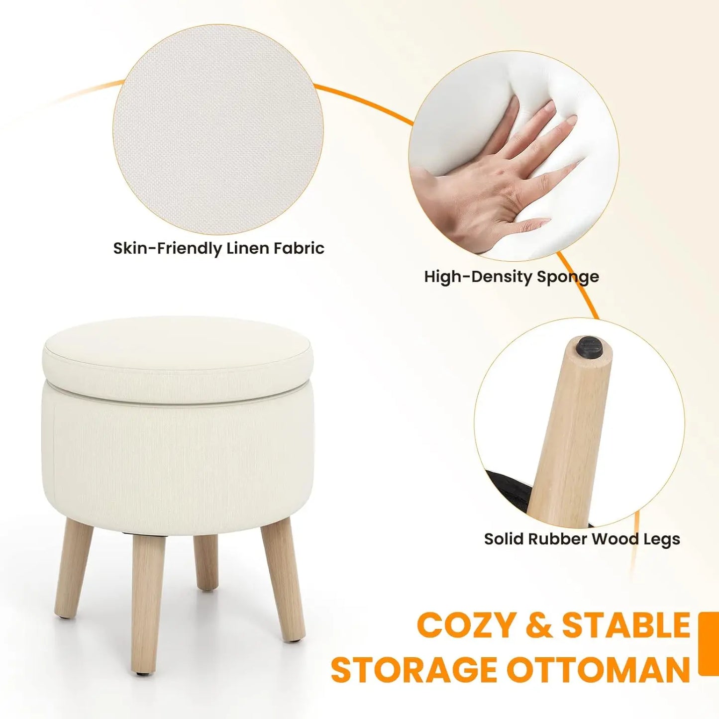 Storage Ottoman Foot Rest - Round Ottoman Coffee Table Top Cover, Wood Legs, Adjustable Foot Pads, Modern Padded Vanity Stool