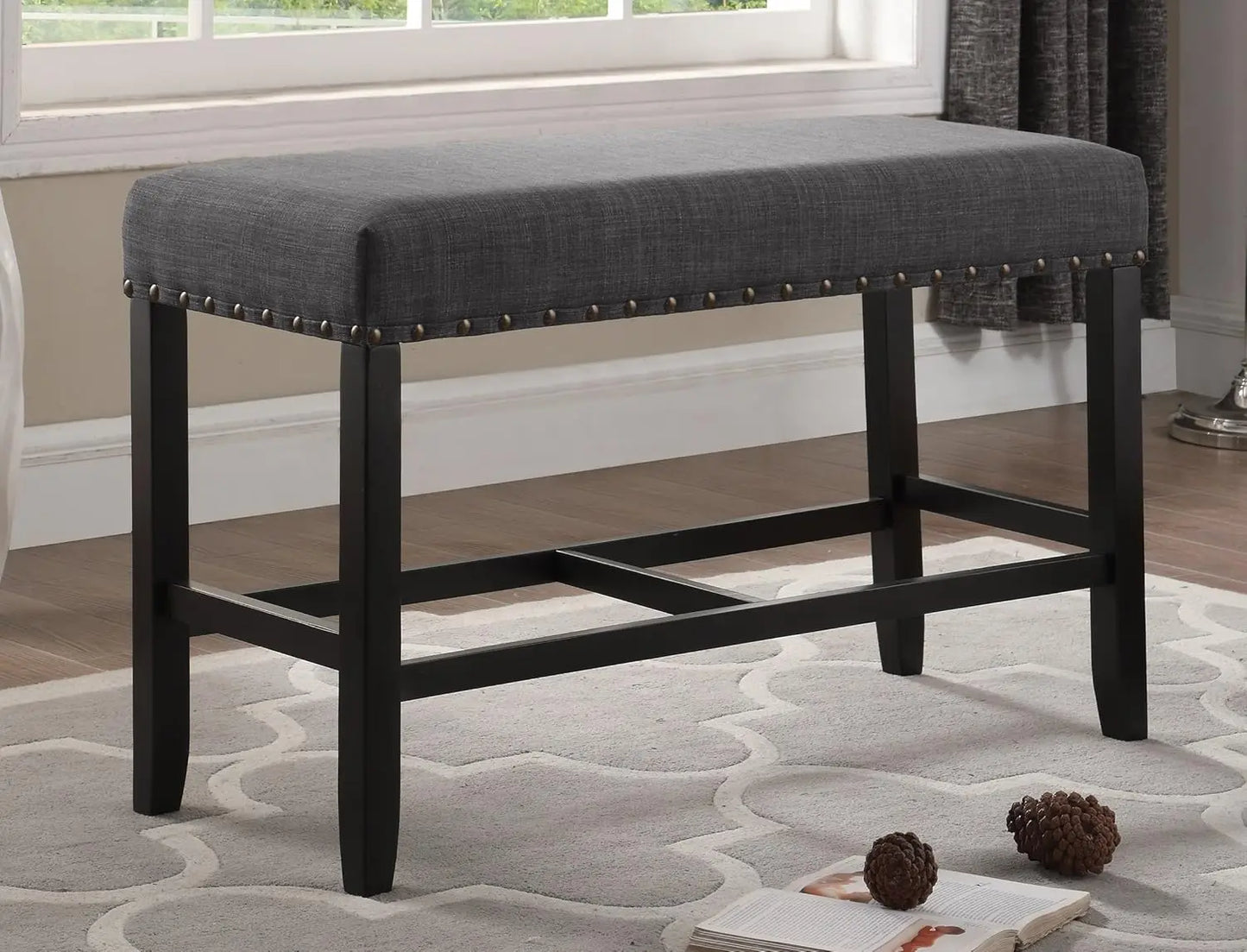 Biony Fabric Counter Height Bench With Nailhead Trim, Grey