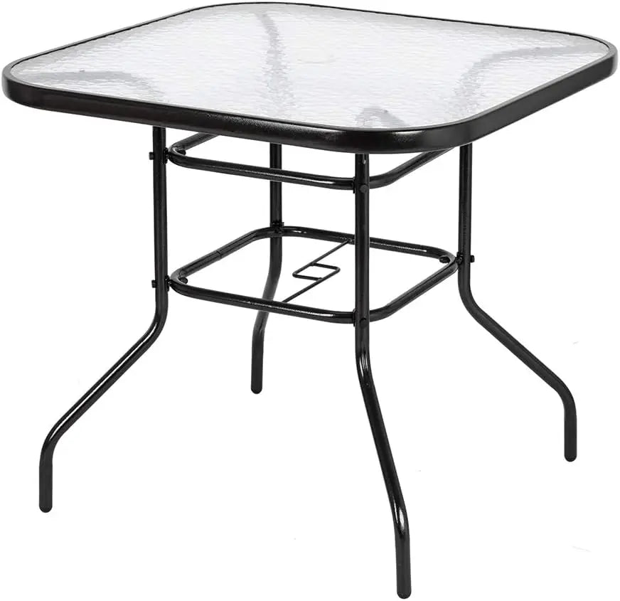 Glass Patio  with Umbrella Hole, 32" Square Outdoor Dining  Steel Tempered Glass Patio Table Outdoor