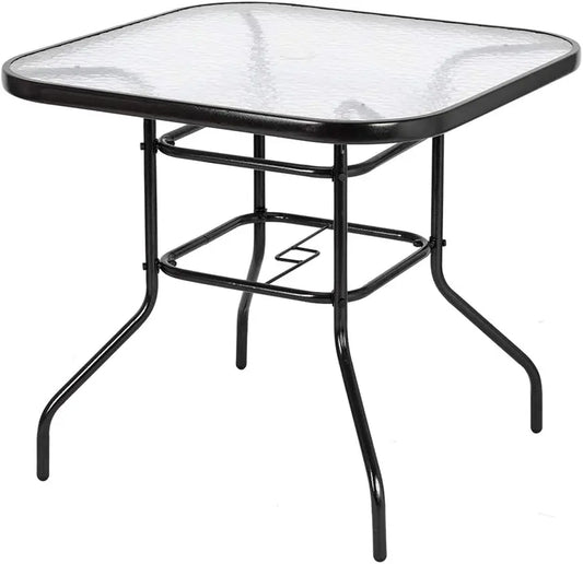 Glass Patio  with Umbrella Hole, 32" Square Outdoor Dining  Steel Tempered Glass Patio Table Outdoor
