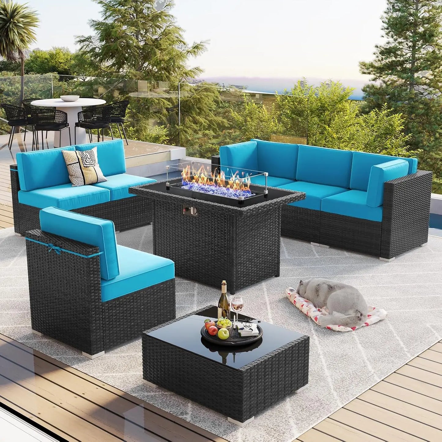 15 Piece Patio Furniture Set with Fire Pit Table, Outdoor Conversation Sets Wicker Rattan Sectional Sofa with Coffee Table